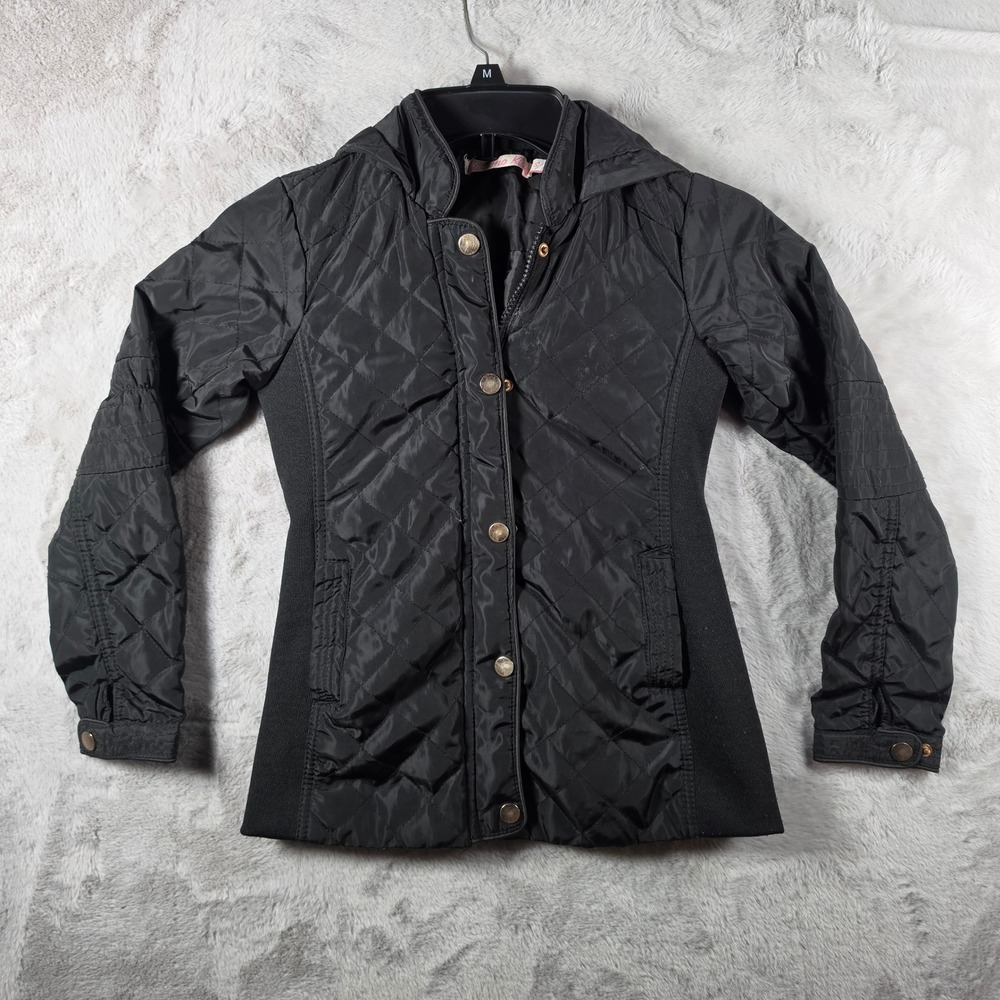 Ci Sono Kids Black Quilted Hooded‎ Puffer Jacket Gold Buttons Girls Size S/M